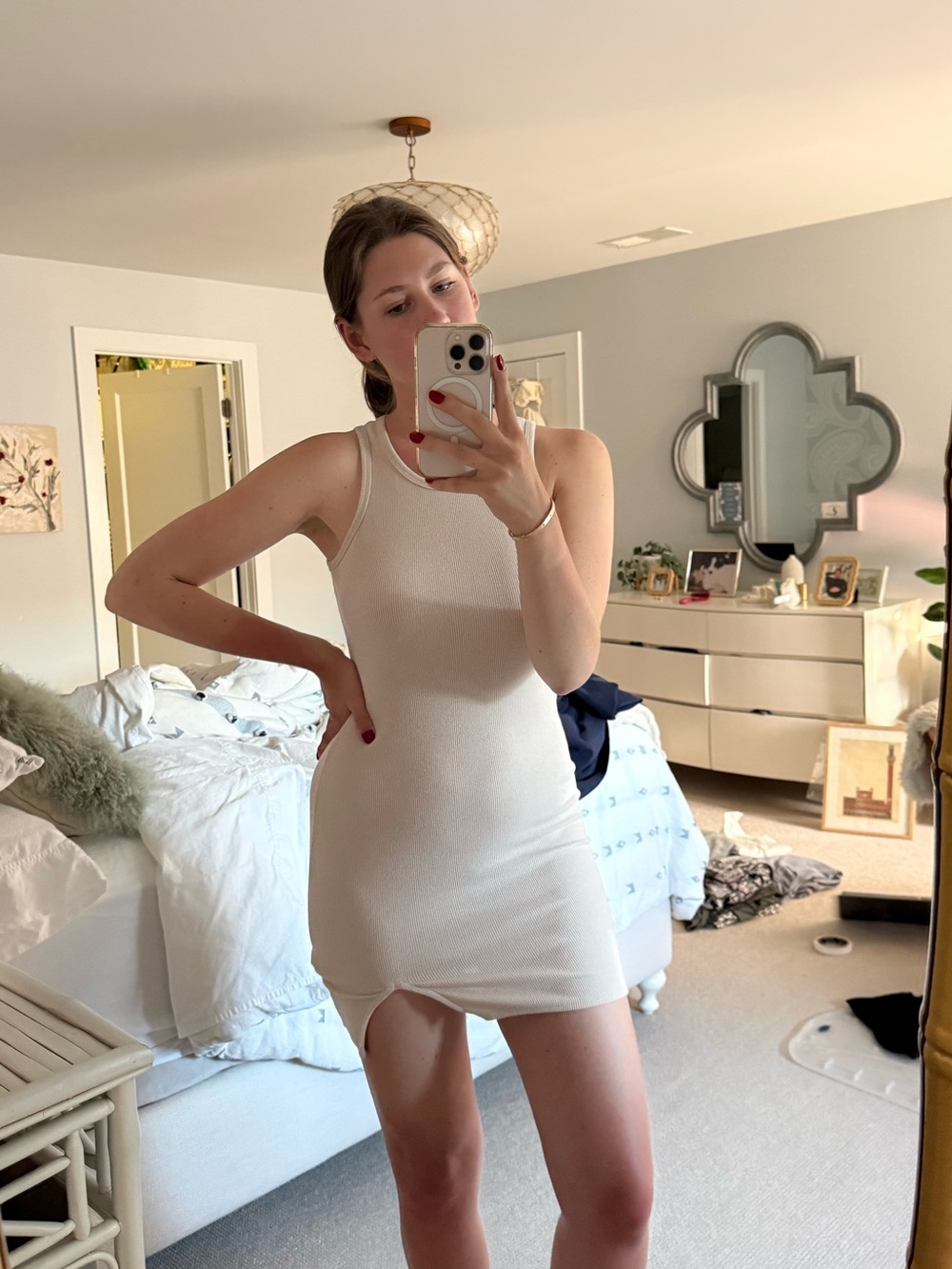 Beige Ribbed Mini Dress - Picture 2 of 5
